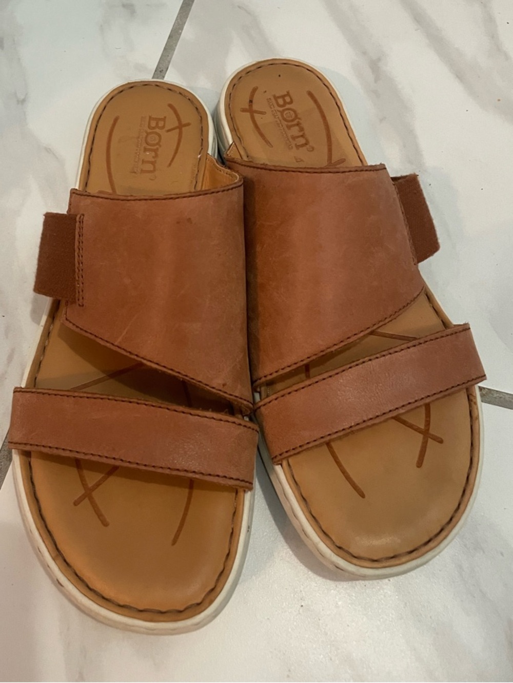Born Tan Leather Double-Strap Slide Sandals Summer Beach Resort Casual